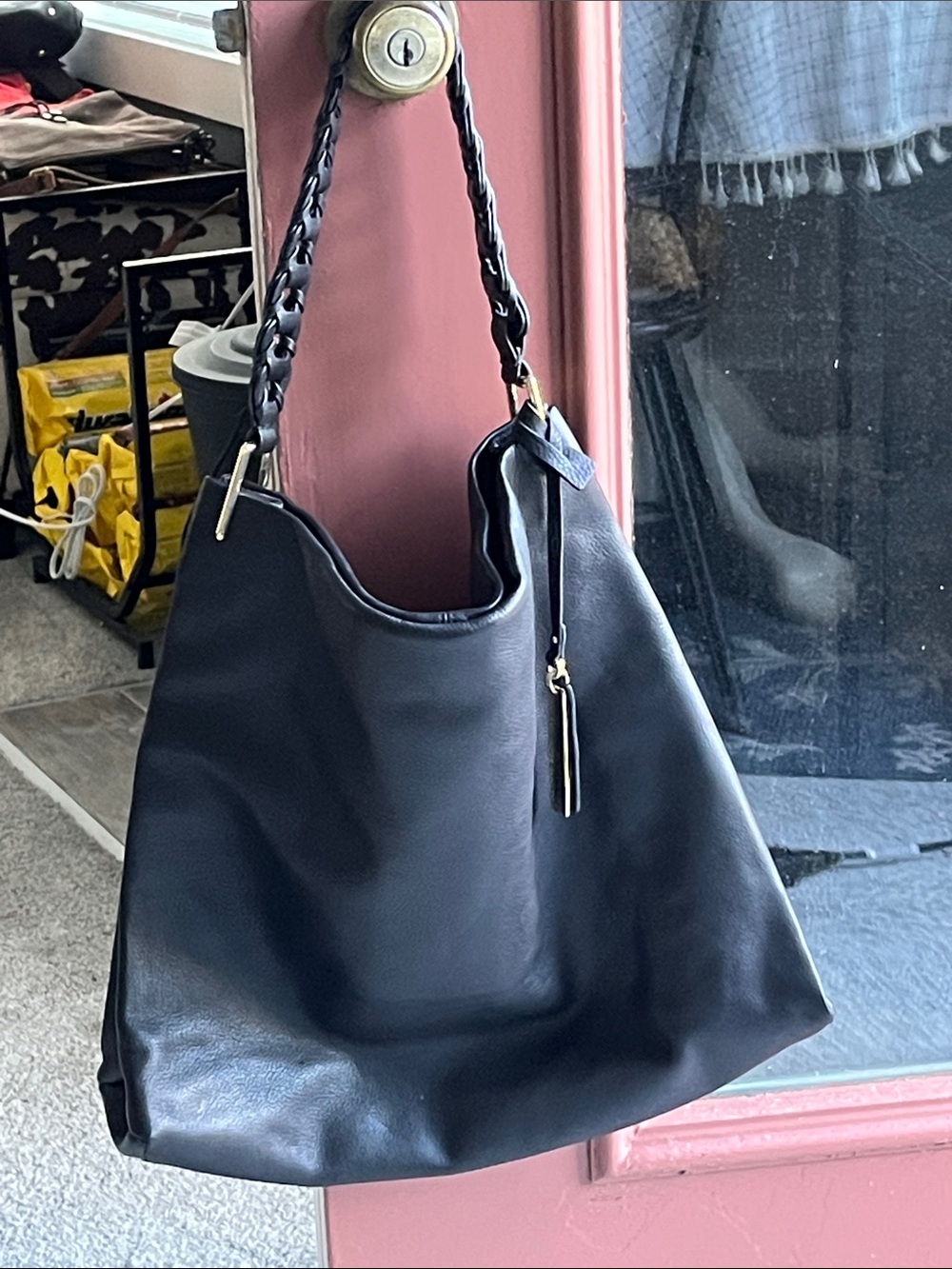 Vince Camuto Black Braided-Handle Leather Shoulder Bag with Gold-Tone Accents